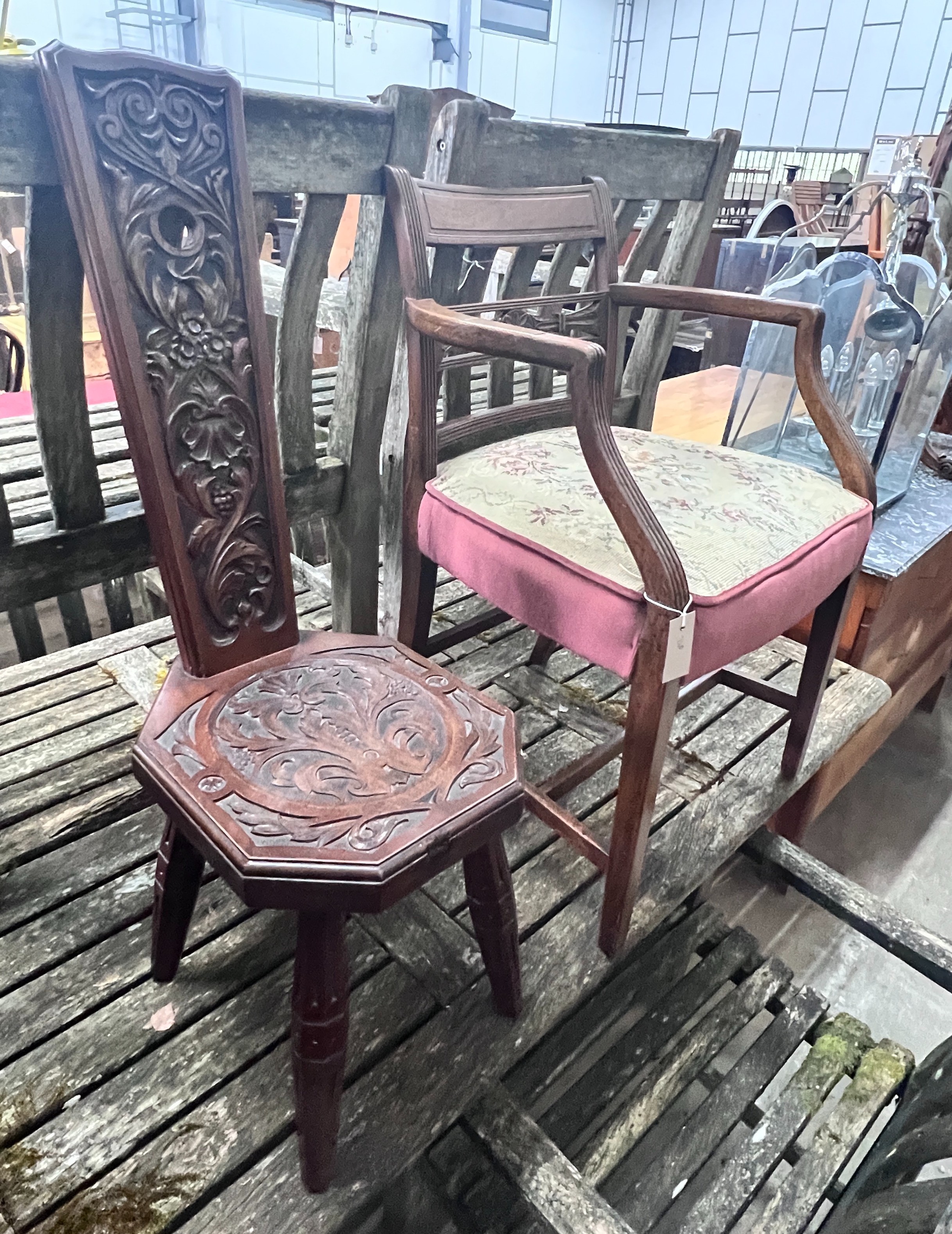 A Regency mahogany elbow chair and a carved walnut spinning chair *Please note the sale commences at 9am.